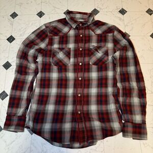 Guess Plaid Western Snap Button-Up Shirt Red Gray‎ Men's Medium